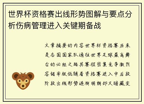 世界杯资格赛出线形势图解与要点分析伤病管理进入关键期备战 世界杯资格赛出线形势图解与要点分析伤病管理进入关键期备战
