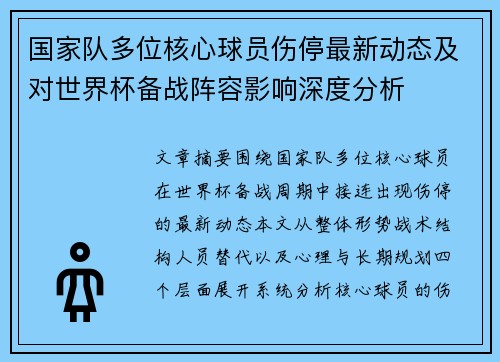国家队多位核心球员伤停最新动态及对世界杯备战阵容影响深度分析